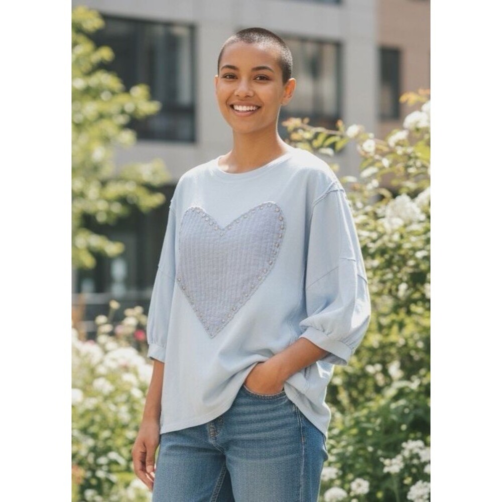 Easel NEW womens baby blue pleated heart balloon sleeve cotton blouse Small